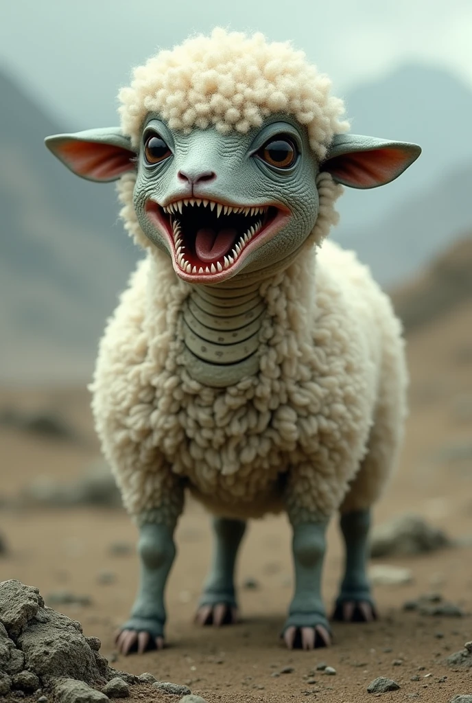 create an animal that's a mix between a sheep and a frightful and hideous snake, make the reptile nasty to the look and the sheep the cutest thing ever
