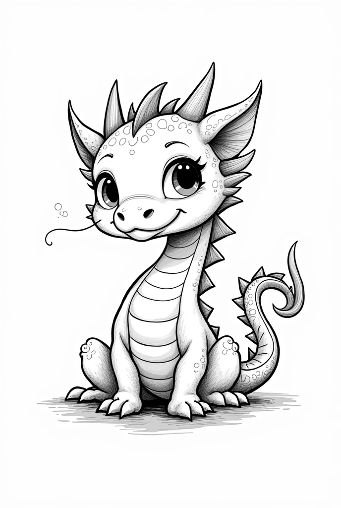 a sketch of an oriental dragon drawing, com o fundo branco, black lines and cute style.
