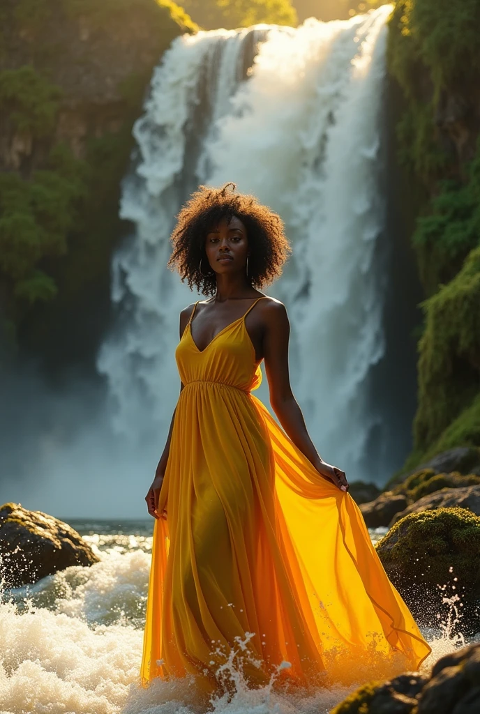 black human woman dressed in yellow inside a beautiful waterfall with yellow glow around