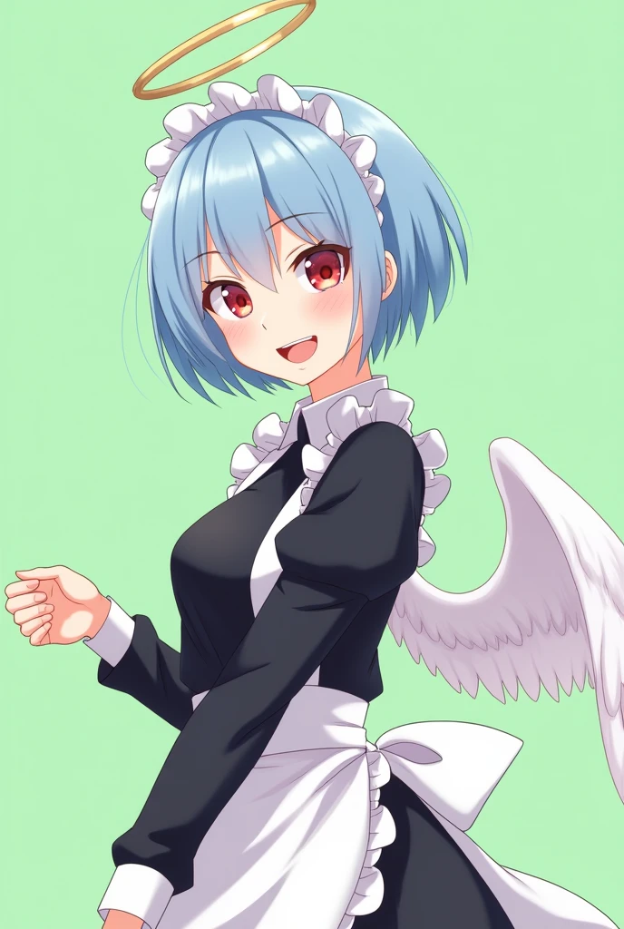 Maid cafe maid with short blue hair, Red eyes, a sensual and happy expression, age range between 18 and 26 years, with angel wings, black uniform, anime style completely in 2D, with pastel colors, with a completely flat and green background