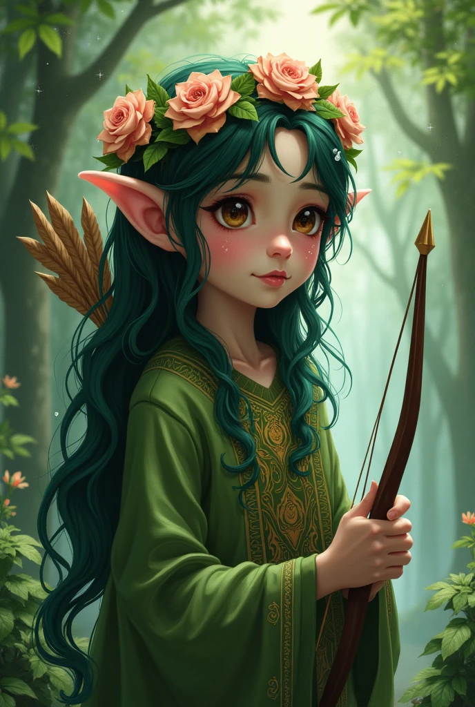 A nature elf who is a little green with dark hair and brown eyes and shy who is a cleric with a bow and arrow and a flower tiara who believes in the god of water