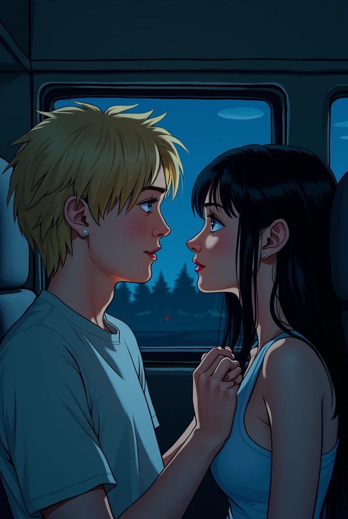 I want luke howland from Boulevard and Hasley in the Van at night and his girlfriend hasley from the book BOULEVARD by flor m salvador , Luke is blonde with blue eyes and Hasley has black hair and blue eyes , light with his hair disheveled and staring at her