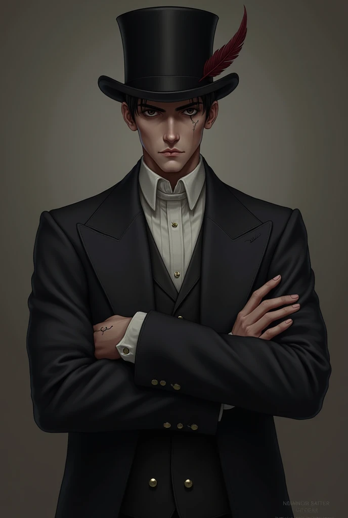 Tall man with short black hair, dark brown eyes, light skin tone, with a challenging look, dress in frac, with a hat that has a feather and a scar on his hand and part of his arm.