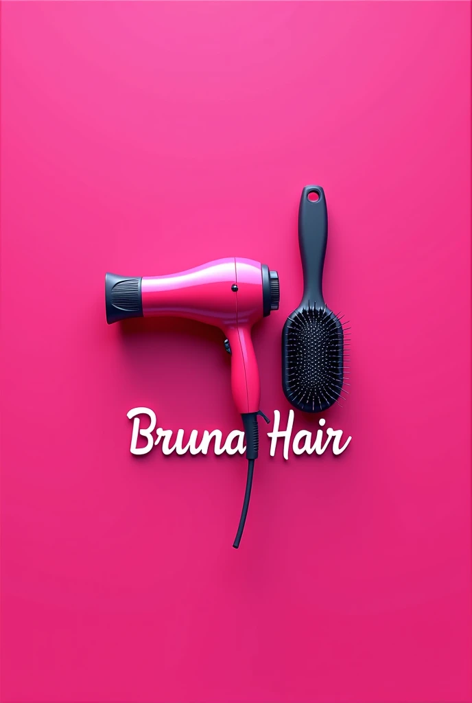 Make me a logo of a hair dryer and a hairbrush with a pink background, Written "Bruna hair" with ultra quality