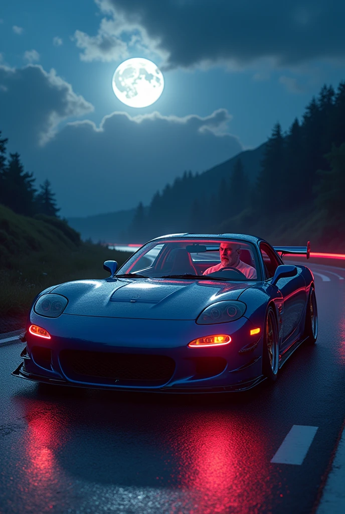 plato enjoying music in a 2002 Mazda RX-7 Spirit R with neon lights all around on a road at night but with a lush moon 