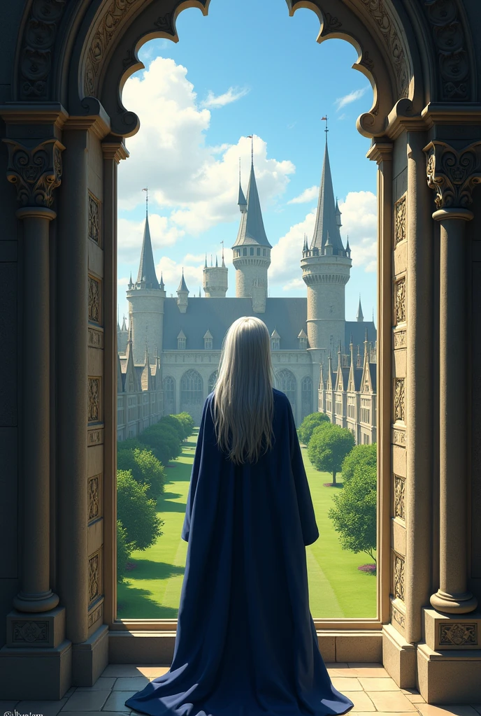 Male Ravenclaw student, Caucasian, twelve years old, with long straight silver hair, looking out over the gardens outside through a castle window.
