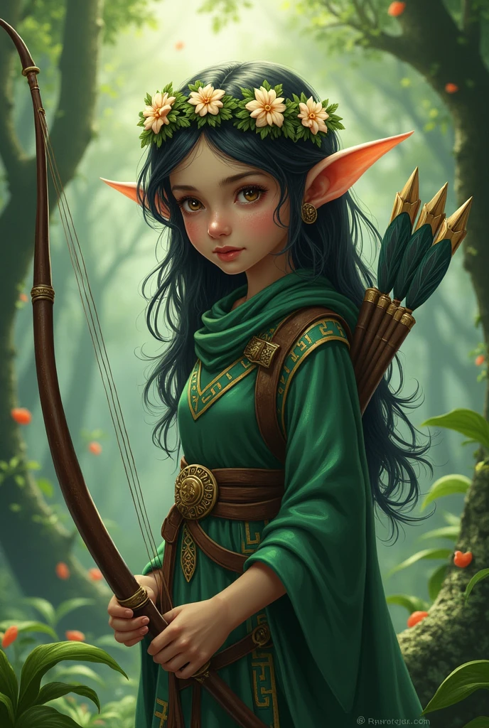 
A nature elf who is a little green with dark hair and brown eyes and shy who is a cleric with a bow and arrow and a flower tiara who believes in the god of water
