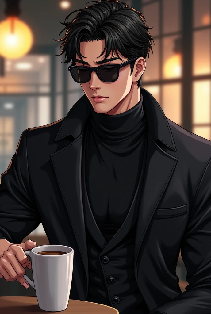 badass anime boy, White skin, very masculine, half muscular not so exaggerated, Korean style slanted eyes closed, with small all-black sunglasses, for coffee of course, black clothes,