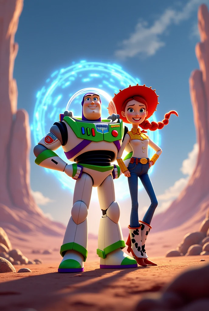Buzz Lightyear and Jessy with the phrase to infinity and beyond