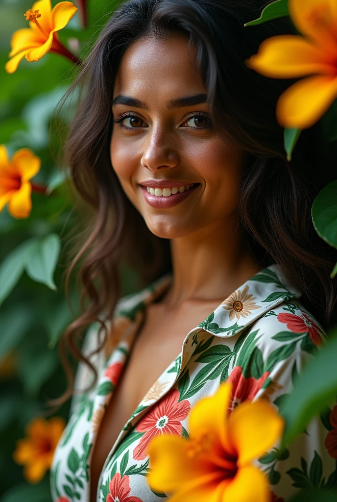 A Brazilian woman in a lush tropical garden, wearing an open shirt with a floral print, with a close-up capturing the harmonious beauty between her breasts and the natural flowers, showing off your natural charm and outgoing personality.