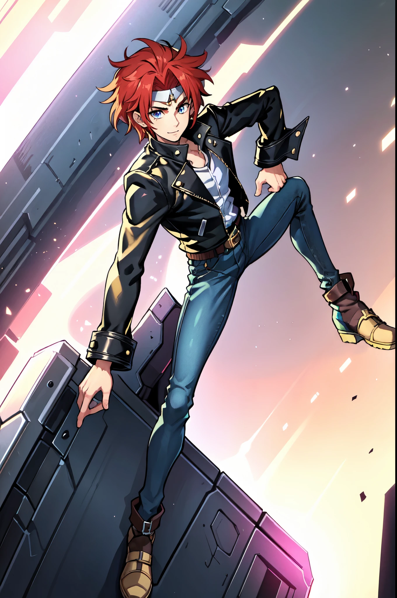 (masterpiece:1.2, best quality:1.2, extremely delicate:1.2), ((male:1.5)), a young man with messy red hair, a leather strap tied around his forehead, a handsome face, bright eyes, a rebellious smile, a slender build, a futuristic fantasy-style black and white leather jacket, dark jeans, hiking boots, he is making an exaggerated leap above the city, this character embodies a finely crafted futuristic fantasy-style rogue in anime style, exquisite and mature manga art style, dramatic, high definition, highres, ultra-detailed, ultra-fine painting, professional, perfect body proportions, golden ratio, anatomically correct, symmetrical face, extremely detailed eyes and face, high quality eyes, creativity, RAW photo, UHD, 32k, Natural light, cinematic lighting, (masterpiece-anatomy-perfect:1.2)