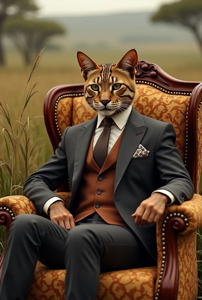 Very rich savannah cat wearing elegant suit sitting on luxurious chair with realistic atlas lion next to him, real, high resolution details, full picture as real life