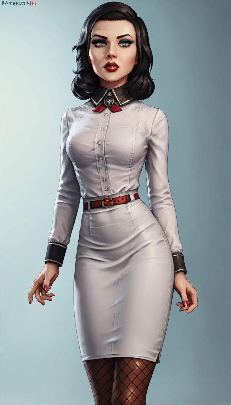 3l1z4b3th_bas, black hair, blue eyes, white shirt, pencil skirt, red lipstick, makeup, pantyhose, belt, fishnet pattern pantyhose