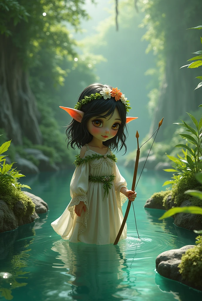 A nature elf who is a little green with dark hair and brown eyes and shy who is a cleric with a bow and arrow and a flower tiara who believes in the god of water in the lagoon