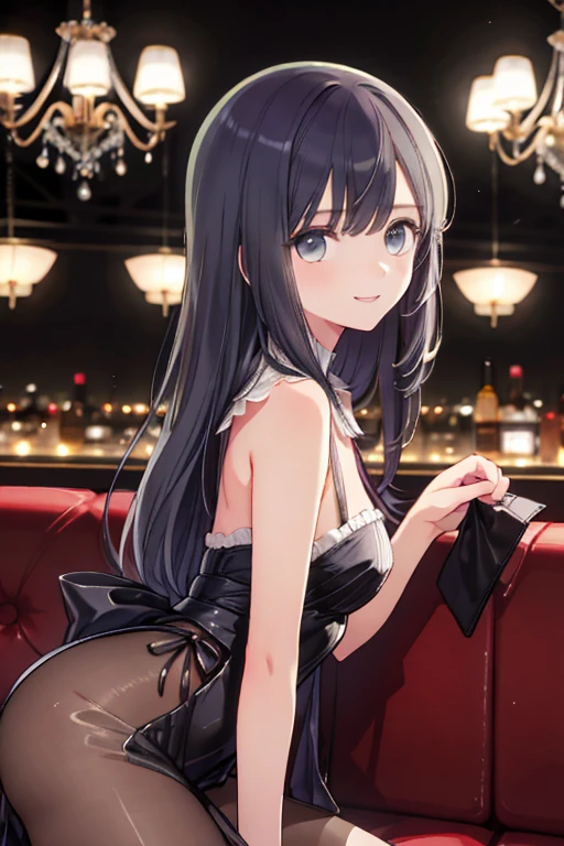 A woman serving customers in a nightclub lounge,1girl,Detailed eyes, AKANE,chandelier, dress, very smile, from side