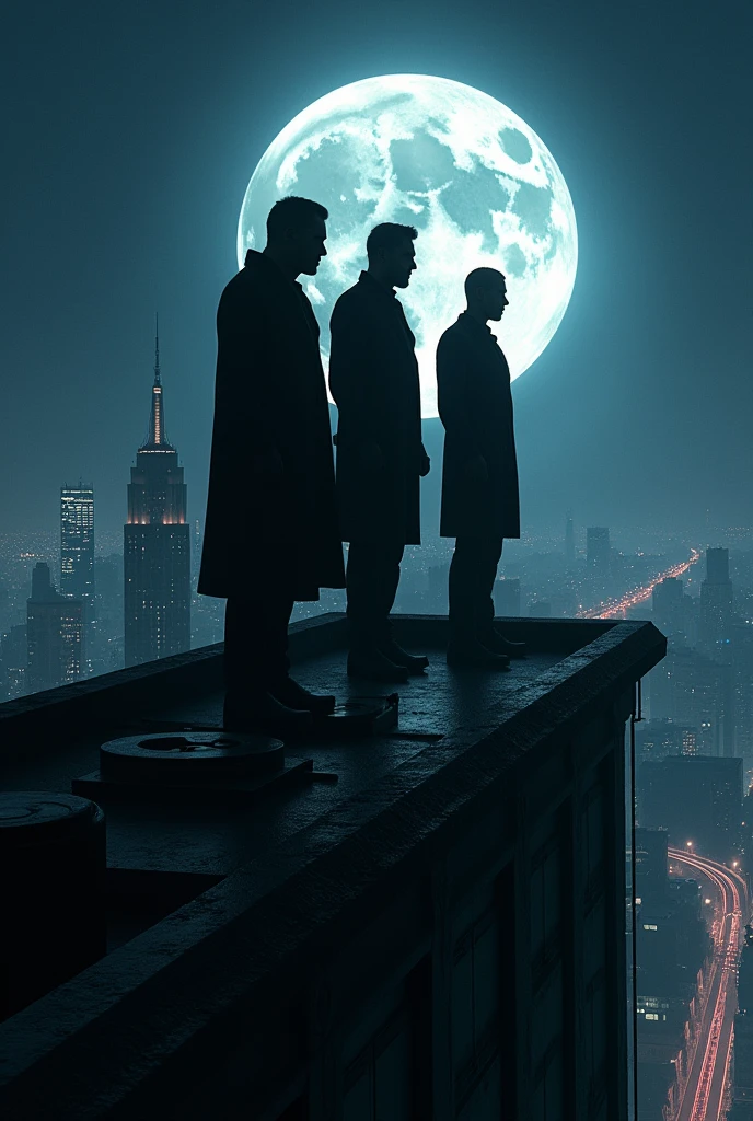 Men in the dark with the moon shining behind them on the roof of a big city with lots of lights over the train tracks