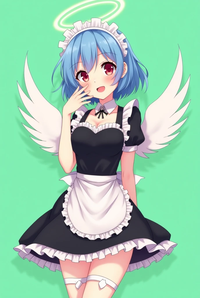 Maid cafe maid with short blue hair, Red eyes, a sensual and happy expression, age range between 18 and 26 years, with angel wings, black uniform, anime style completely in 2D, with pastel colors, with a completely flat and green background