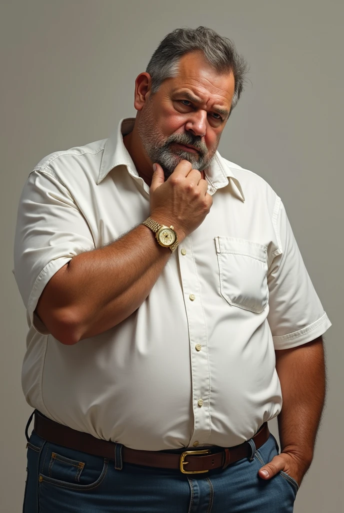 drawing of middle-aged man with overweight problems, tanned skin, white dress with gold watch