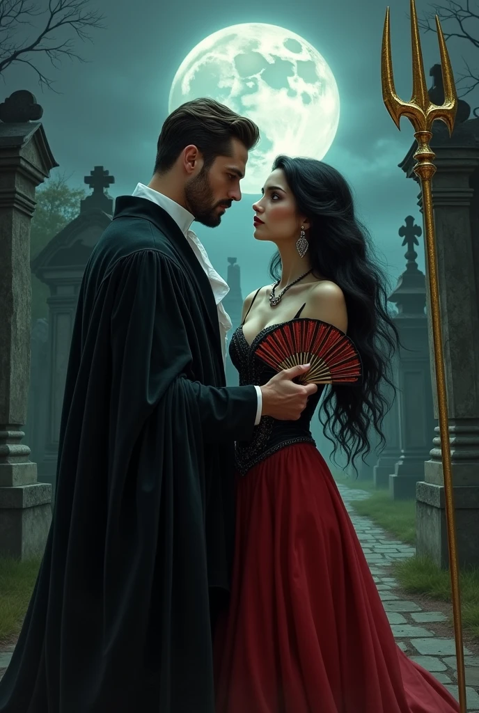 man with short beard in black robes from the 19th century, a golden trident in his hand, next to a woman with long, wavy black hair, long red cabaret style skirt necklace and earrings, espartilho preto, a fan in hand in an ancient cemetery on a mysterious moonlit night
