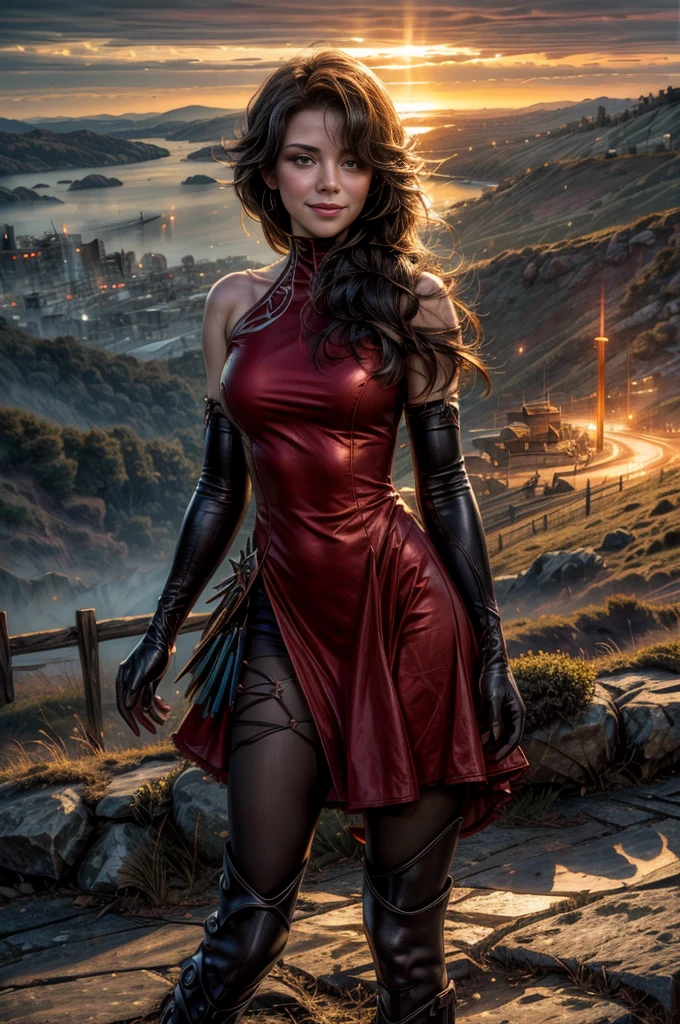 (masterpiece, best quality:1.2), cowboy shot, solo, 1girl, cinder fall, smiling, looking at viewer, long hair, red dress, elbow gloves, pantyhose, standing on hillside, overlooking burning city, (volumetric lighting), sharp focus, hyper detailed