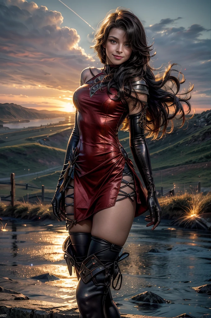 (masterpiece, best quality:1.2), cowboy shot, solo, 1girl, cinder fall, smiling, looking at viewer, long hair, red dress, elbow gloves, pantyhose, standing on hillside, overlooking burning city, (volumetric lighting), sharp focus, hyper detailed