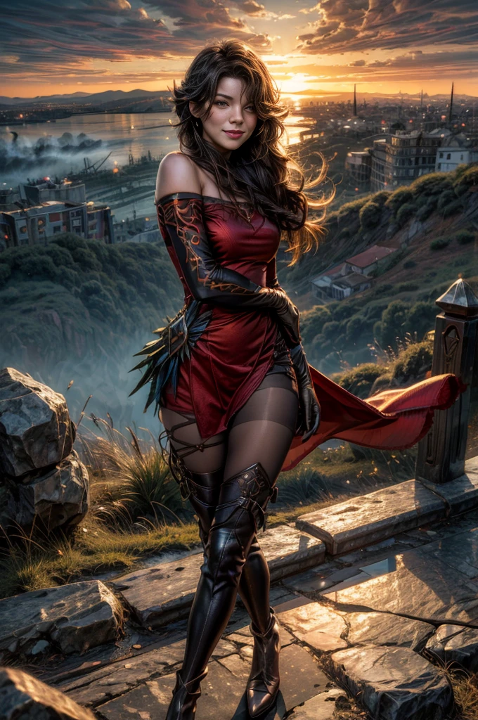 (masterpiece, best quality:1.2), cowboy shot, solo, 1girl, cinder fall, smiling, looking at viewer, long hair,  red dress, elbow gloves, pantyhose, standing on hillside, overlooking burning city, (volumetric lighting), sharp focus, hyper detailed 