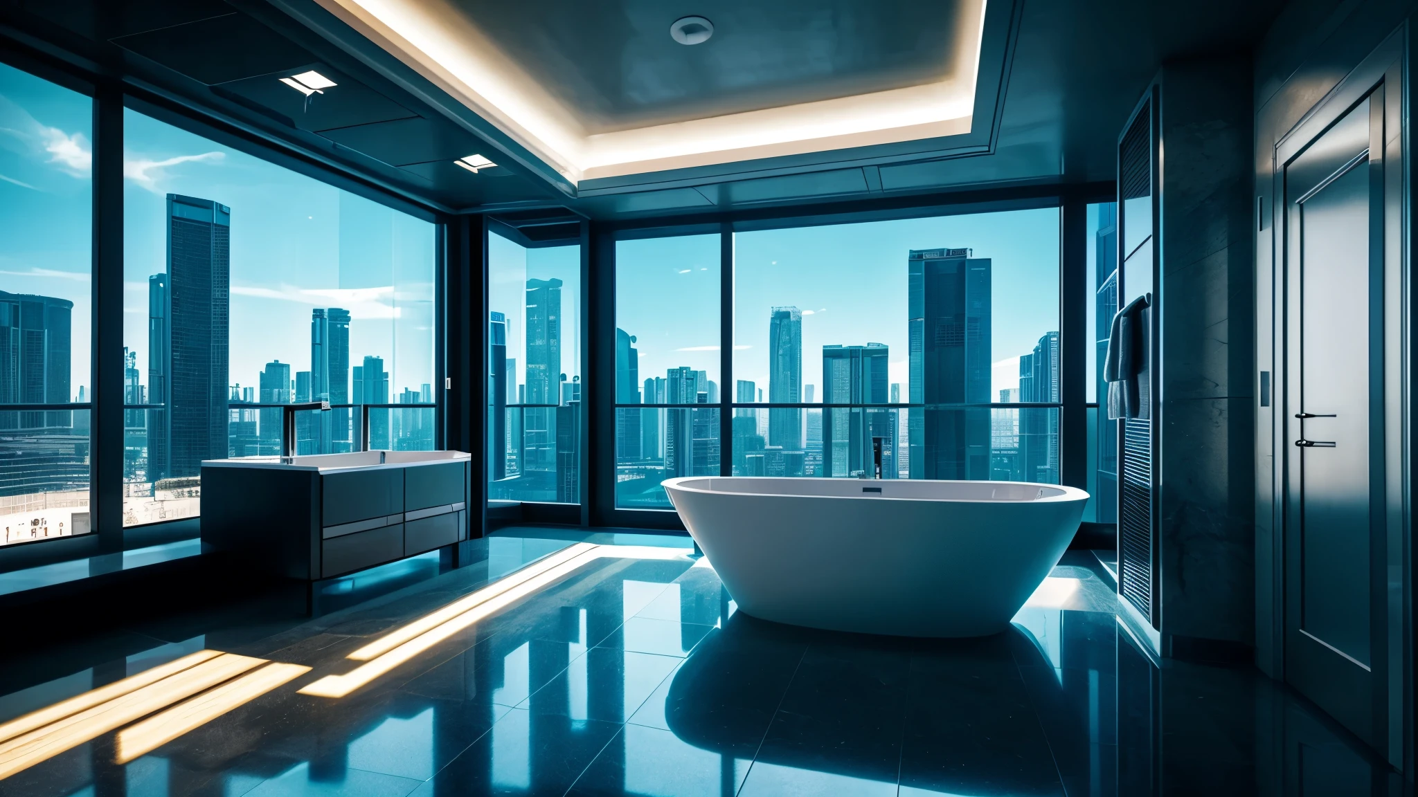 bathroom, architectual, scifi, cyberpunk, futuristic, hightech, daylight, wide angle, realistic view, ambient light, chilled ambient, year 2124, cinematic