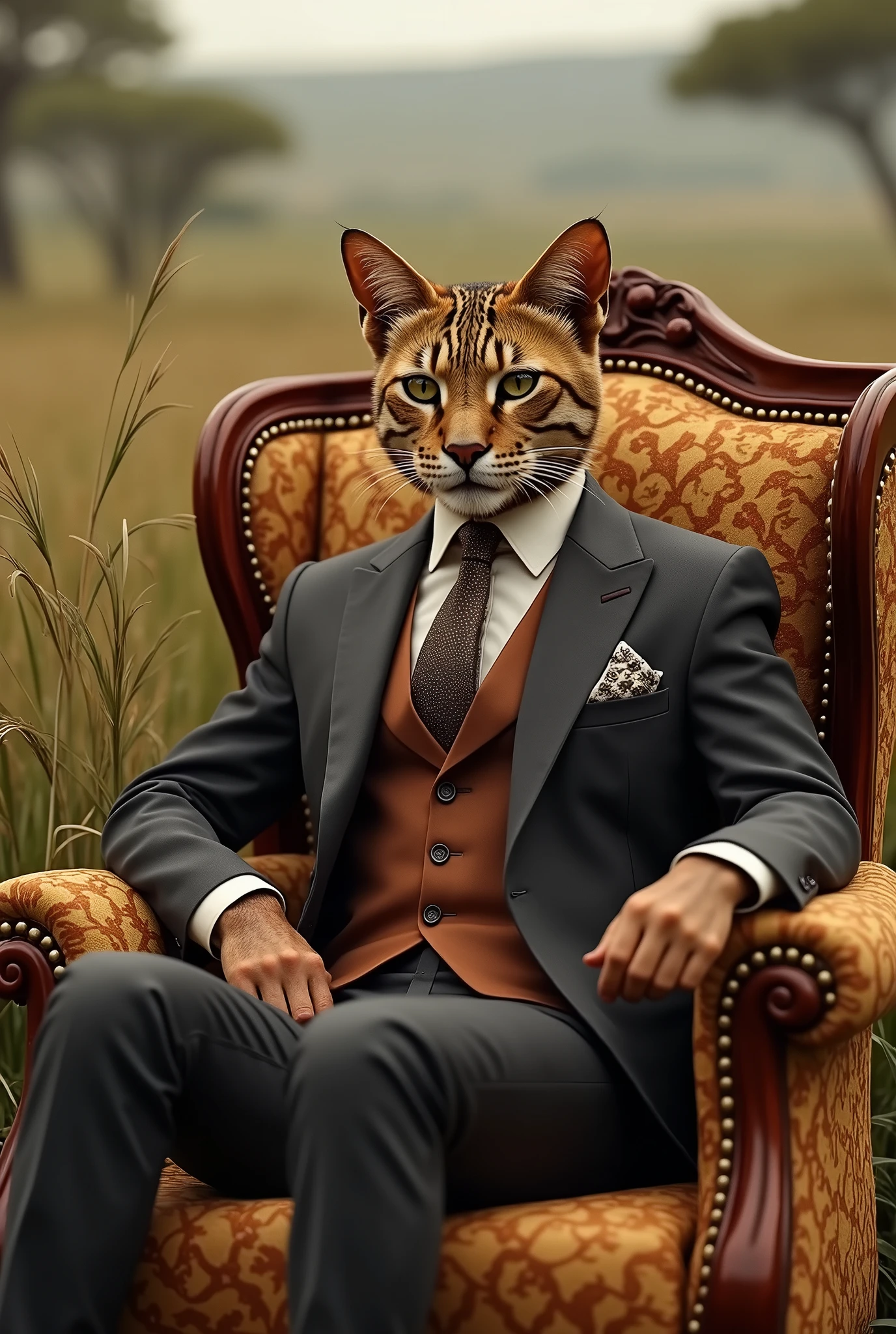 Very rich savannah cat wearing elegant suit sitting on luxurious chair with realistic atlas lion next to him, real, high resolution details, full picture as real life