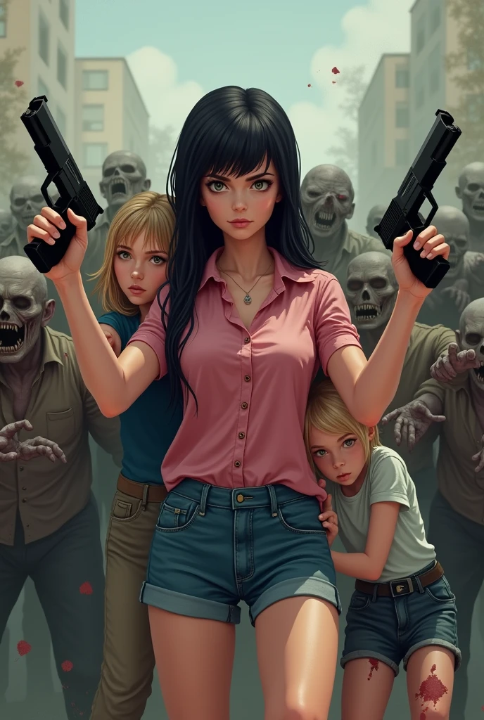 Create a woman with a pink blouse and denim shorts, long black hair with bangs with guns in hands, 3  son, blond, slightly voluminous hair, blusa azul, the woman and child are back to back and the woman is protecting the child frbunch of ugly zombies.