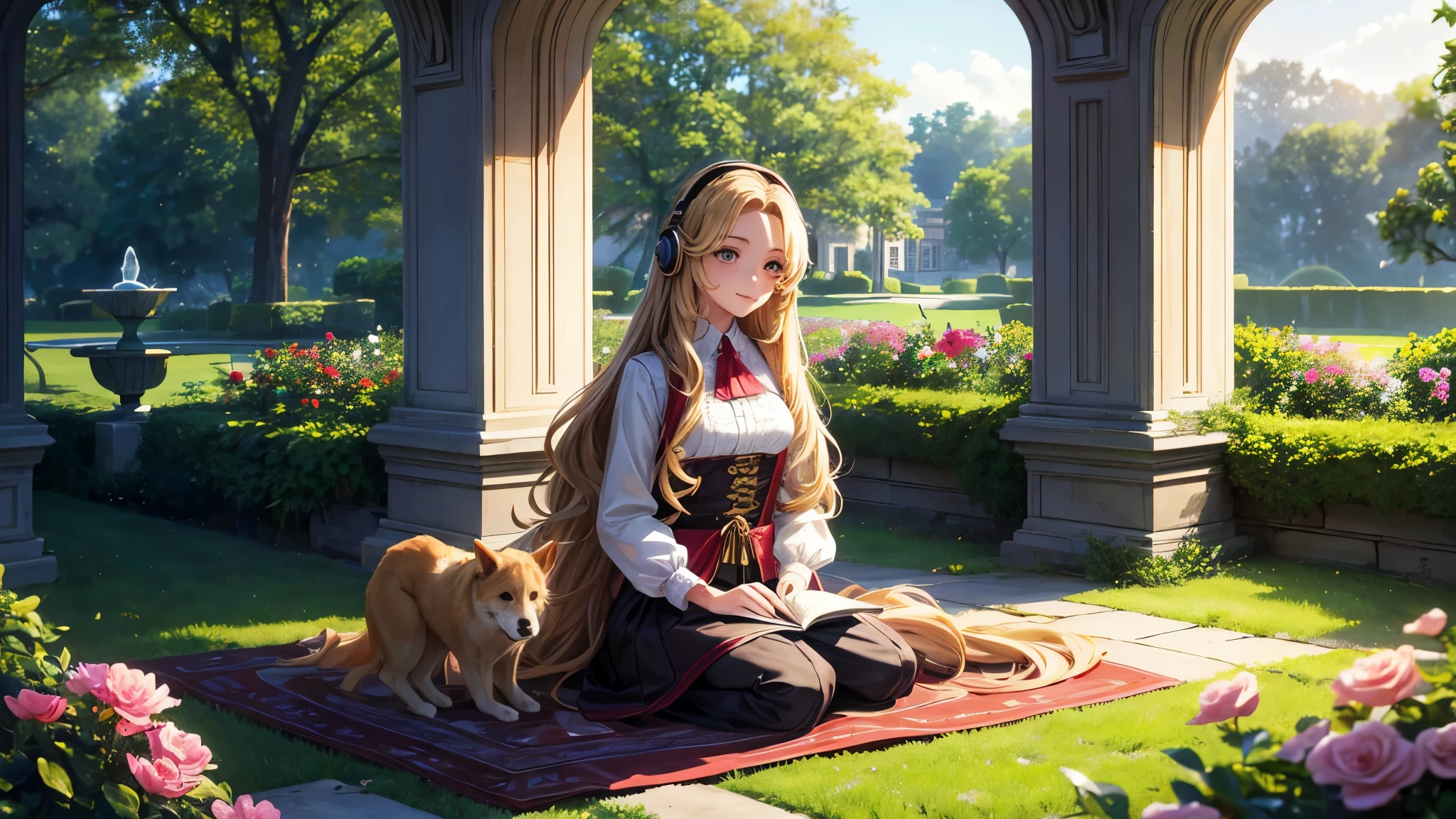 A 22 year old girl with long blonde hair. His 12 year old sister with long dark red hair. Studying in a garden of his mansion. In the background there is a decoration with an impeccable fountain worthy of an English mansion with various types of flowers. Their outgoing smiles and radiant honey eyes reflect youthful joy. Her wavy hair cascades down to her waist, shining in the natural light of the spring season. Wearing casual chick clothes, they are sitting on the dog lawn of their beautiful garden. His eyes are bright, his lips parted revealing his surprise at the landscape of his immense house, personifying the innocence of his age. On their heads are two headphones filled with lights that reflect their lofi style of being.