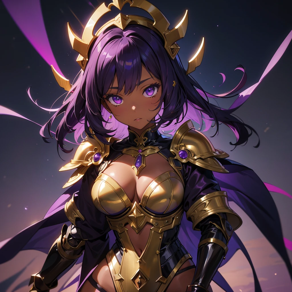Bobcut、An anime character in sexy armor having a photo shoot, (Brown Skin、Dark Skin:1.5), (Purple Hair:1.5)、Anime Goddess, Portrait of a girl in the Knights of the Zodiac, Highly detailed art gems, Fascinating anime, Art Station pixiv's artgerm, Beautiful and attractive anime woman, 8K high quality, detailed art, Detailed digital anime art, 2. 5d cgi anime fantasy artwork, Beautiful Goddess、(1 woman、solo、The whole body is shown:1.6)