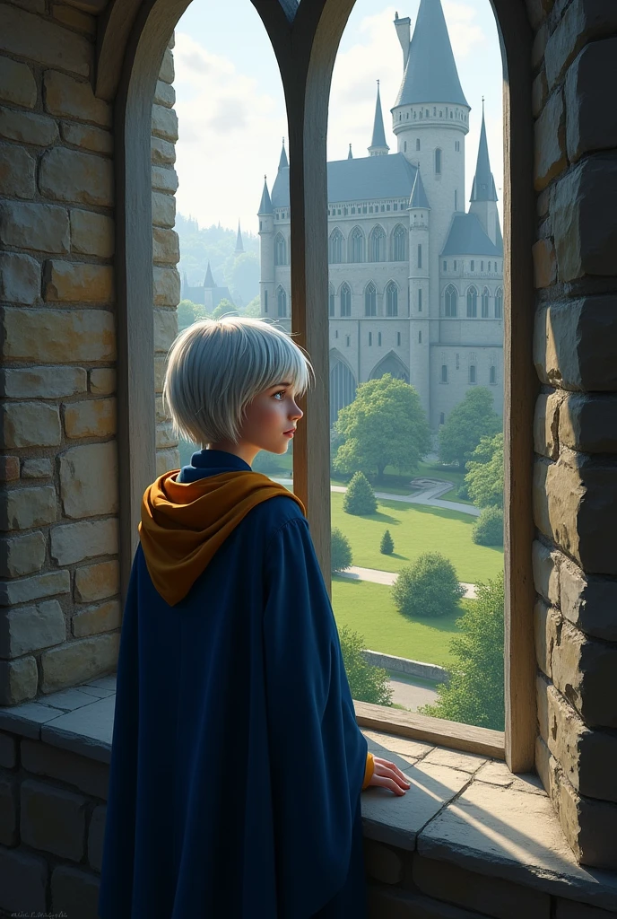 Male Ravenclaw student, Caucasian, , with waist-length, straight silver-colored hair, looking out over the gardens outside through a castle window.