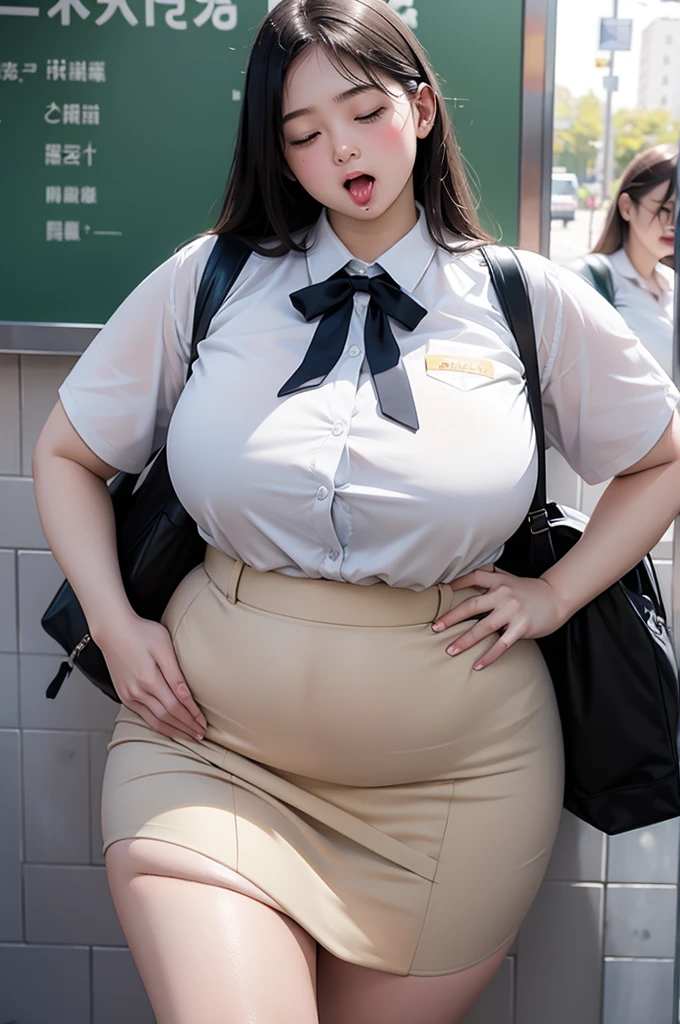 Sexy bbw girl standing in subway wearing middle school uniform, Close your eyes, sweat and look miserable, Open your mouth and stick your tongue out