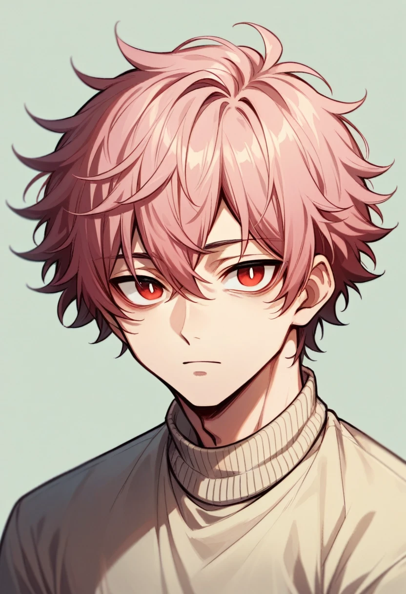 A boy, reddish pink hair, fluffy shot hair ,Her skin is somewhat pale , rectangular eyes, red eyes,Her clothes are a beige sweater, Black pants , Neutral facial expression , from head to toe,stopped, he is alone , 1 boy 