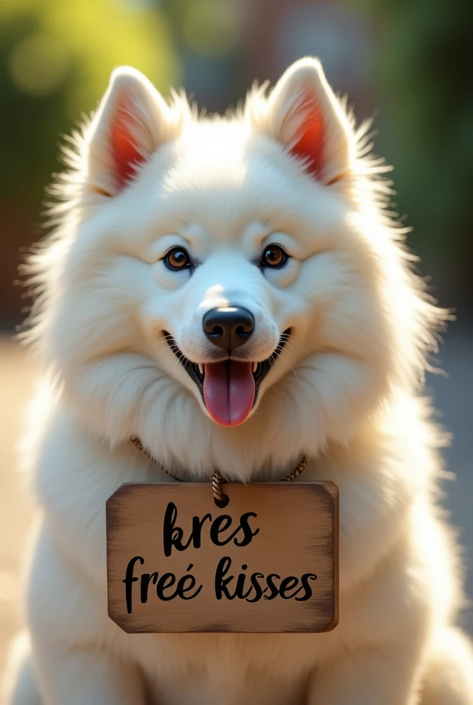 Create a Samoyed with a sign on its neck that says free kisses. This sign is written in Spanish and everything looks very real.