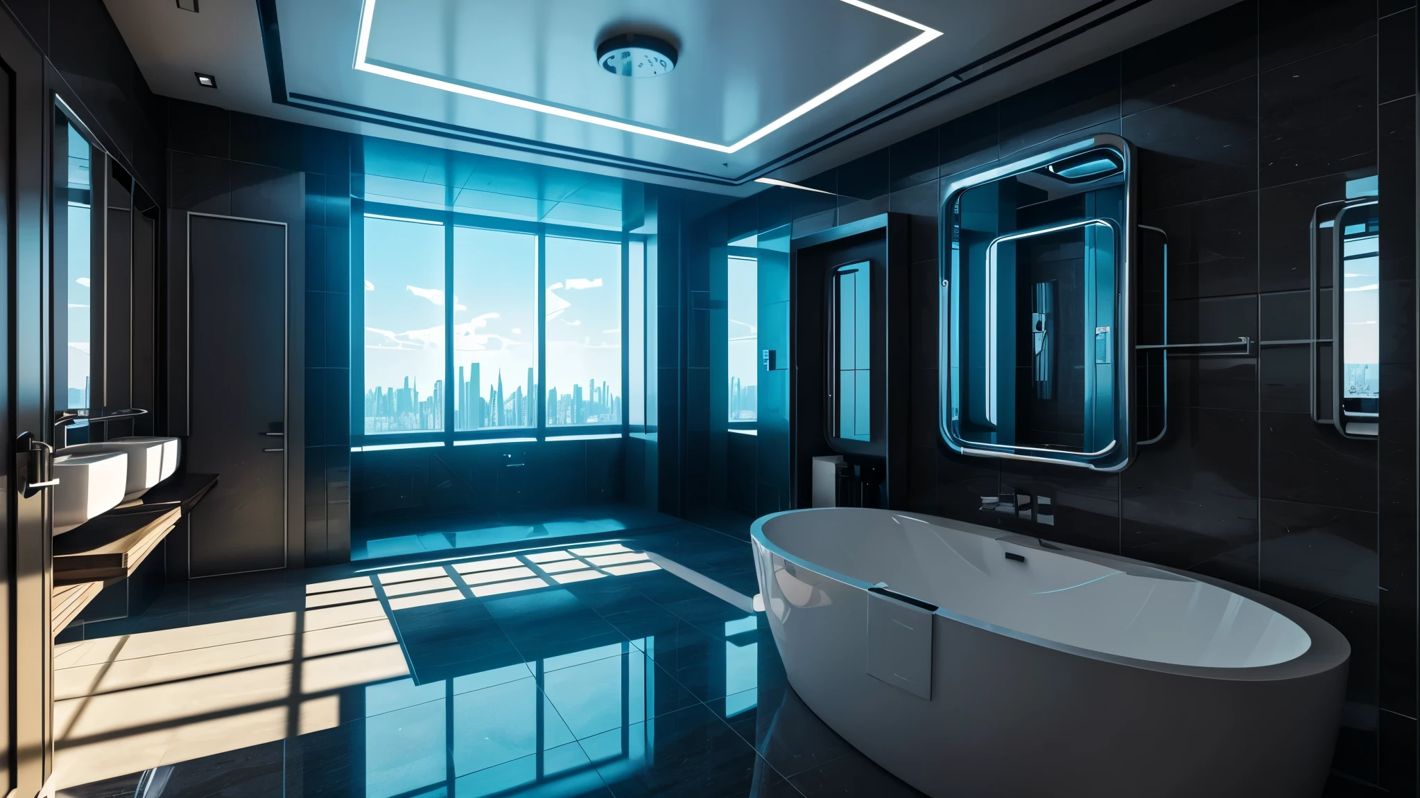 bathroom, architectual, scifi, cyberpunk, futuristic, hightech, daylight, wide angle, realistic view, ambient light, chilled ambient, year 2124, cinematic