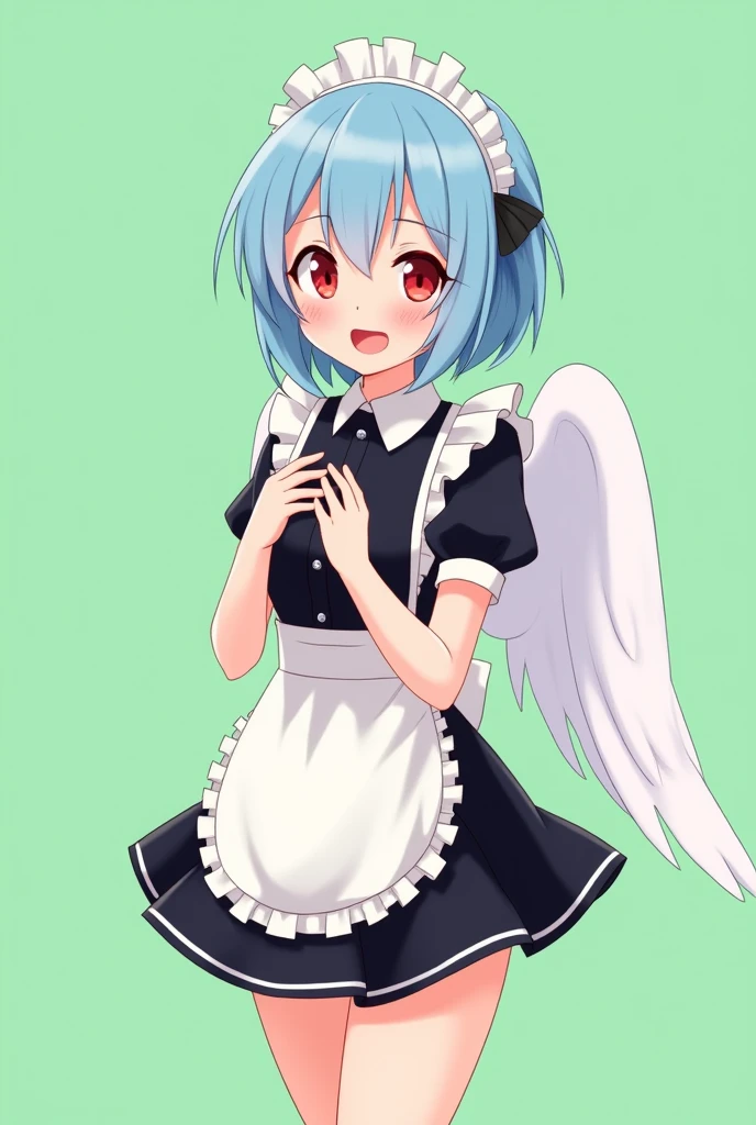 Maid cafe maid with short blue hair, Red eyes, a sensual and happy expression, age range between 18 and 26 years, with angel wings, black uniform, anime style completely in 2D, with pastel colors, with a completely flat and green background