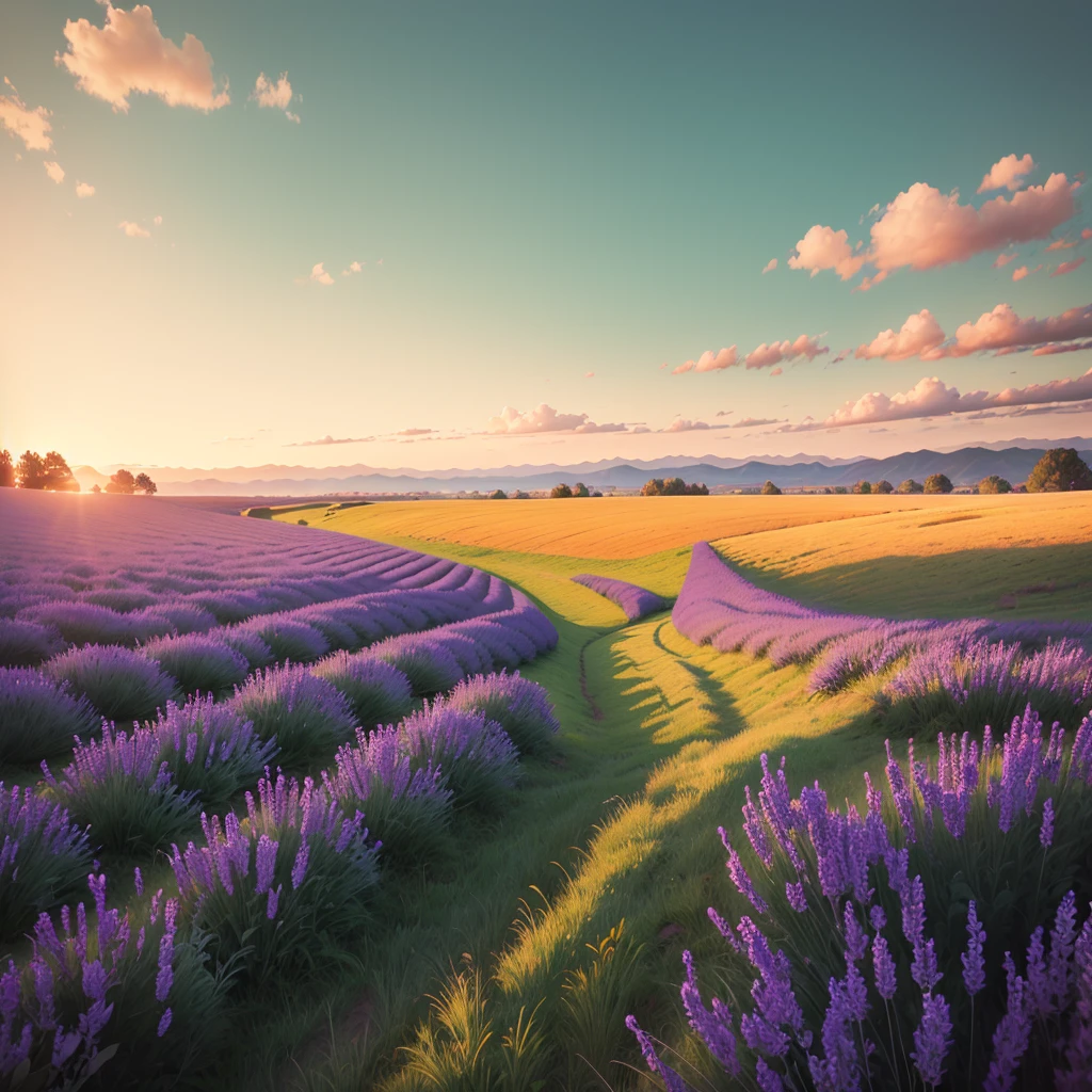 tall green grass field, with a lavender-orange gradient image filter