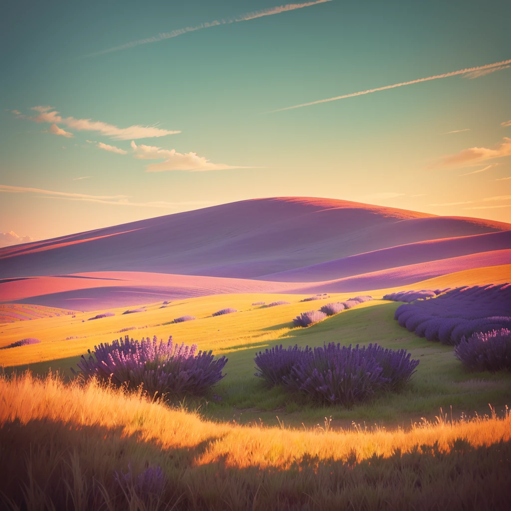 tall green grass field, with a lavender-orange gradient image filter