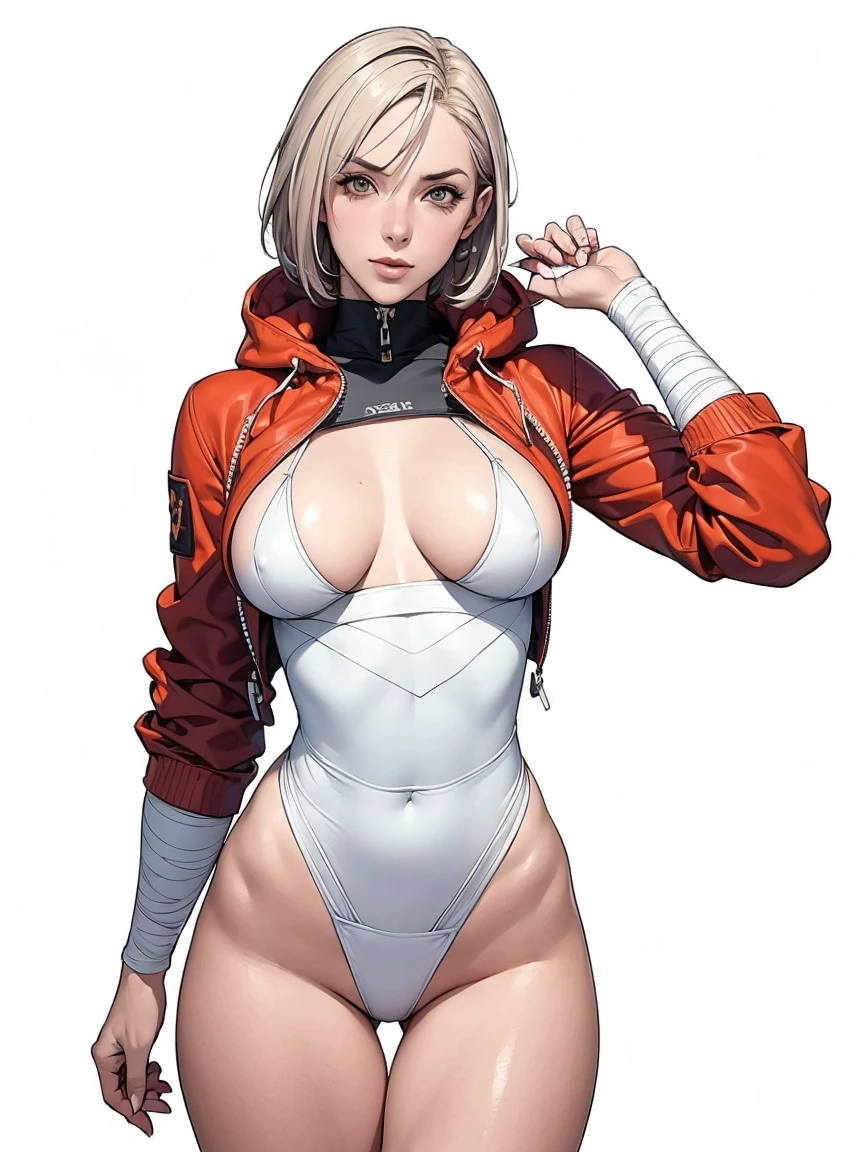 (((Annie Lennox))), (((colorful suit))), (scars), (((bandaged arms))), (((colorful clothes))) (( hood)), (((best quality: 1.4))), (Unbeatable masterpiece), (hyper HD),(CG 8k hyper-realistic), beautiful face, (((breasts big))), (((hyper feminine))), sexly girl, ((round face)), black tattoo,(ultra short red hair with white highlights)), ((( sculptural body ))), (((1 Kizi))), Kizi tatuada de 25 anos com perfect body, perfect hands, perfect fingers ,Beautiful and well-groomed face, (round face), muscular body:1.2,solid color detailed jacket, (Head to thigh photos), Complex equipment, ,Tight clothes,With white stars and off-white stripes,,,,,Armor Metal Electronic Parts, Poison tattoos ) INFO, Kizi, (((standing alone))), , 24歳, sexy, pose de attitude, work of art, dancing, ((slight smile)), post-apocalypse, (((manga style))), bounty hunter, the way you want, perfect body, roupa moderna, advanced technology, white, yellow accent, black, red accent, fur collar jacket, sleeves with vertical striped pattern, background city, (( cowboy shot )). intricate visual, narrow waist, (((wide hips))), wide hips, fit thighs, (((thigh gap))), Thigh gap, background shows a futuristic airplane, open expression, expression happy