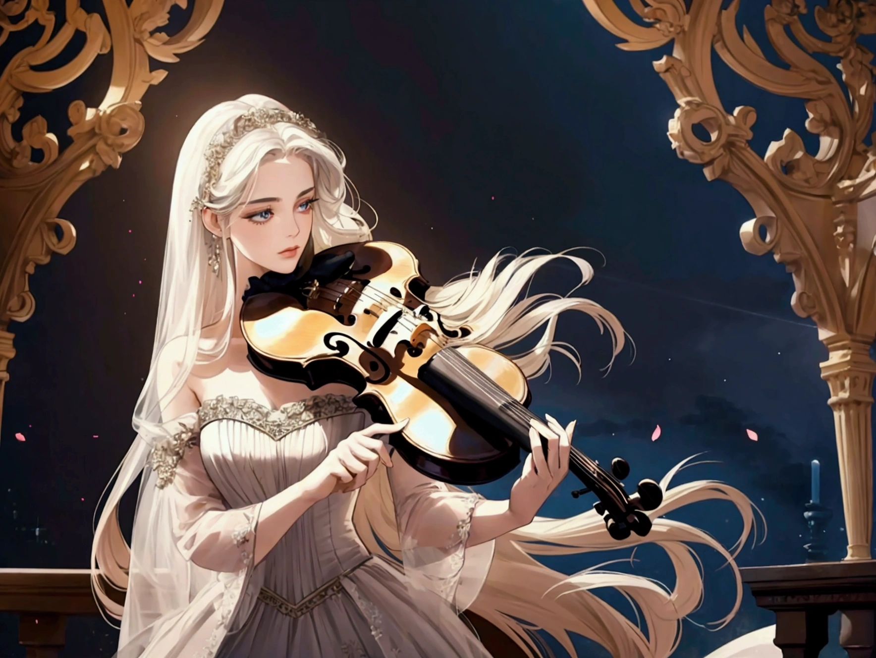 beautiful woman with violin in a beautiful place, long flowing hair, piercing eyes, dramatic lighting, ornate dress, bridal gown, gorgeous background, digitl art, cinematographic, hyperdetailed, 8k, photorrealistic