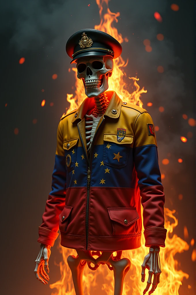Skeleton wearing a jacket with the Venezuelan flag, military hat , on fire