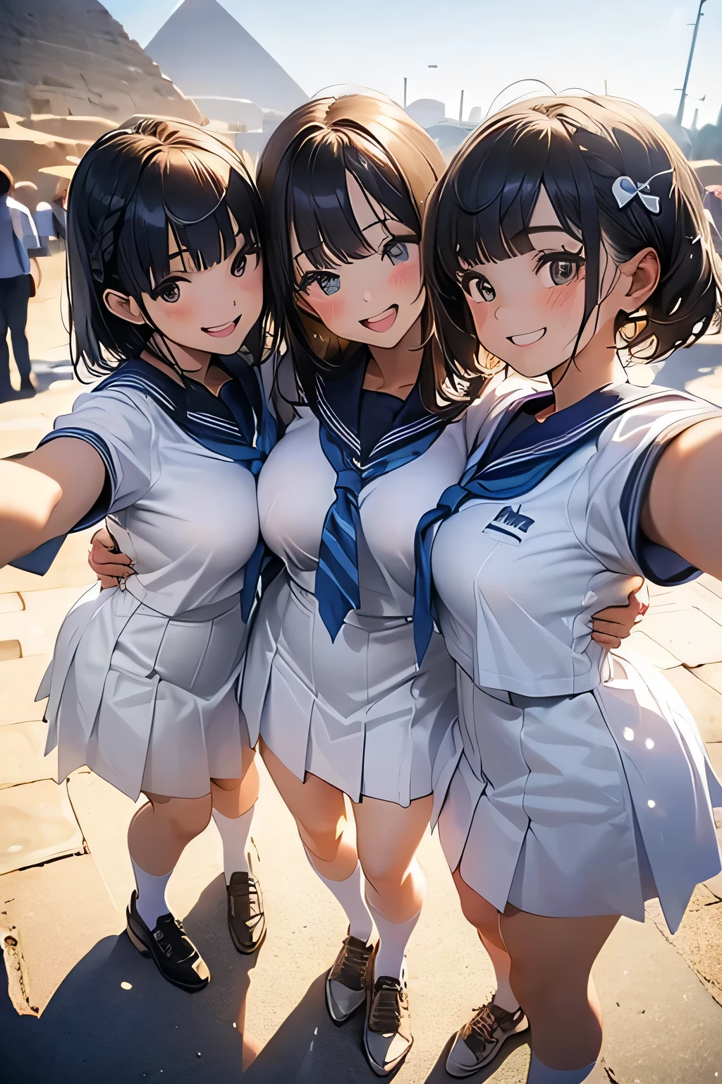 Highest quality、High resolution、Detailed Background、(Beautiful face in every detail:1.4)、Anatomically correct、(Normal number of fingers:1.2)、(Highly detailed face:1.2)、(Detailed eyes)、age beauty、(Huge breasts:1.2)、Perfect body line、Light color hair、Bobcut、Wavy Hairstyle、well-groomed eyebrows、Shiny navy blue sailor suit、White sailor collar、Navy blue pleated skirt、School Cardigan、White Stockings、School trip、Ruins Spot、In a joking manner、A fun atmosphere、A big smile、smile、Cowboy Shot、
(Three people taking a selfie with a famous spot in the background:1.5)、
Pyramids of Giza, Egypt、A magnificent ancient site known as the legacy of the great dynasties of Ancient Egypt、cute