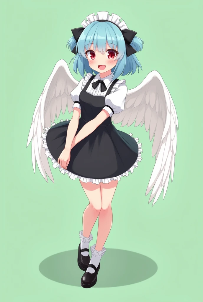 Maid cafe maid with short blue hair, Red eyes, a sensual and happy expression, age range between 18 and 26 years, with angel wings, black uniform, anime style completely in 2D, with pastel colors, with a completely flat and green background