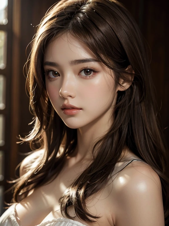(Highest quality), One person, woman, Porcelain-like skin, Brown Hair, Medium Hair, Disheveled Hair, Brown eyes, Perfect Eyes, masterpiece, Anatomically correct, High resolution