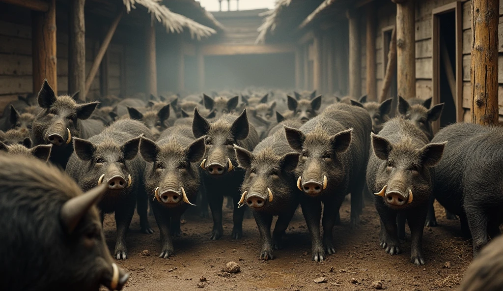 Thousands of wild boars inside a pigsty