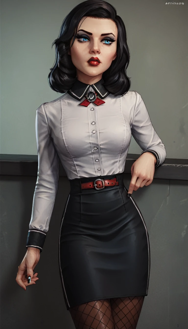 3l1z4b3th_bas, black hair, blue eyes, white shirt, black pencil skirt, red lipstick, makeup, pantyhose, belt, fishnet pattern pantyhose