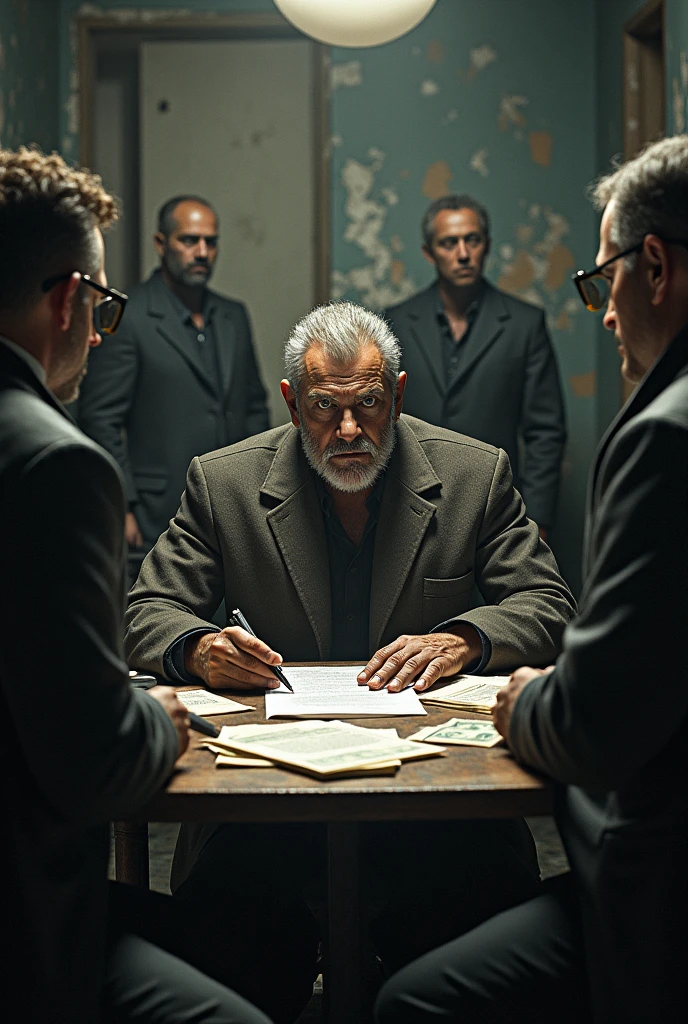 Make a slum owner sit at a table while doing business with clients along with his henchmen..