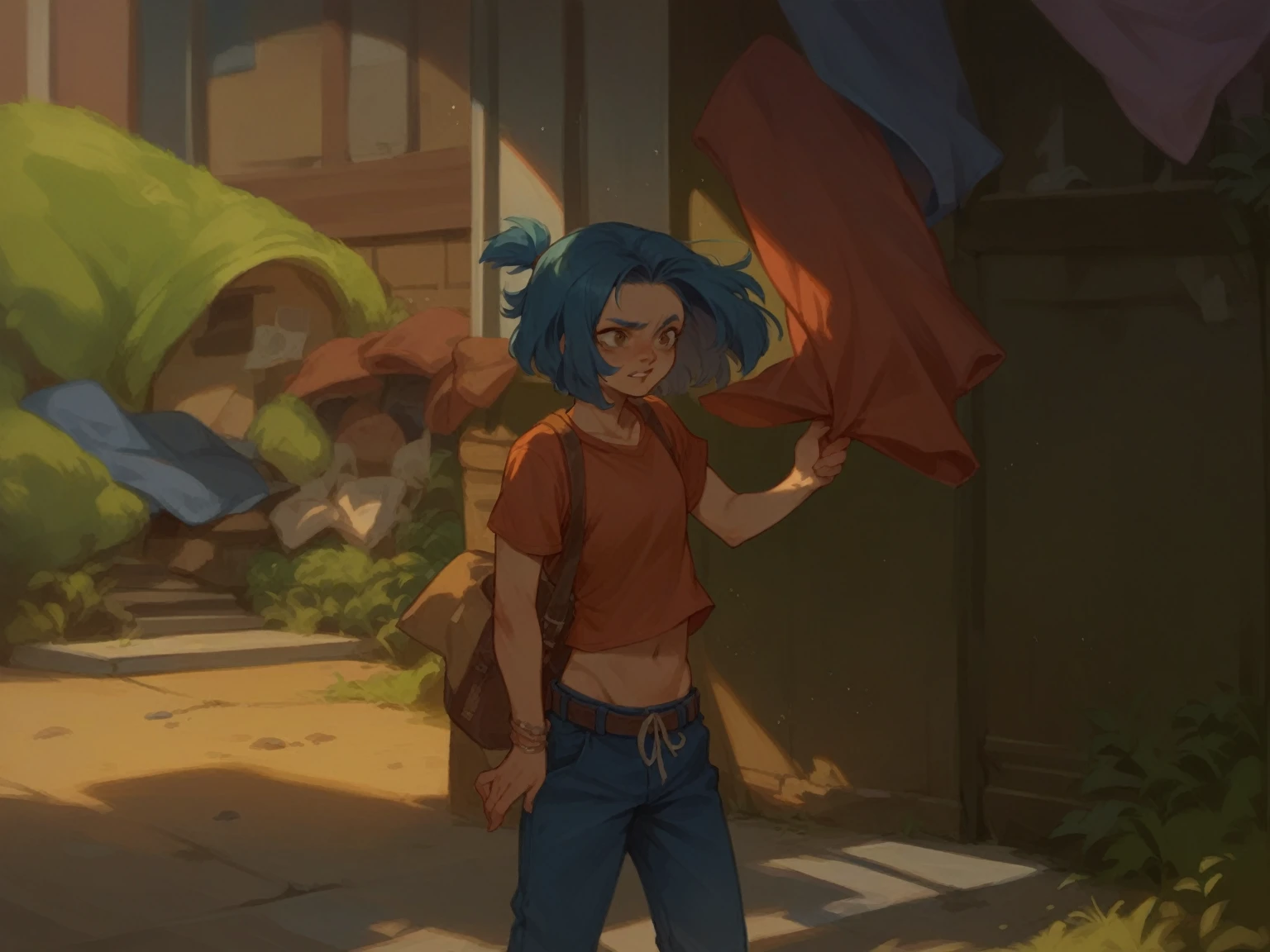 "Create an image of the game's protagonist Kya: Dark Lineage. The character must be represented with a modern and detailed graphic style., similar to Genshin Impact. It should have a vibrant and dynamic appearance., with rich details and smooth textures. Her outfit should be recreated with a stylish and elegant touch., maintaining the essential elements of the original design. Facial expression should convey determination and courage, and the background should be a colorful and imaginative setting, that complements the character's aesthetics."
