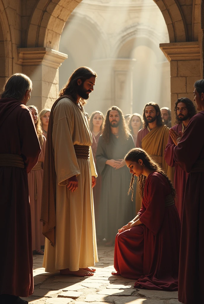 Create an image where Jesus, seeing that no one else condemned the woman,